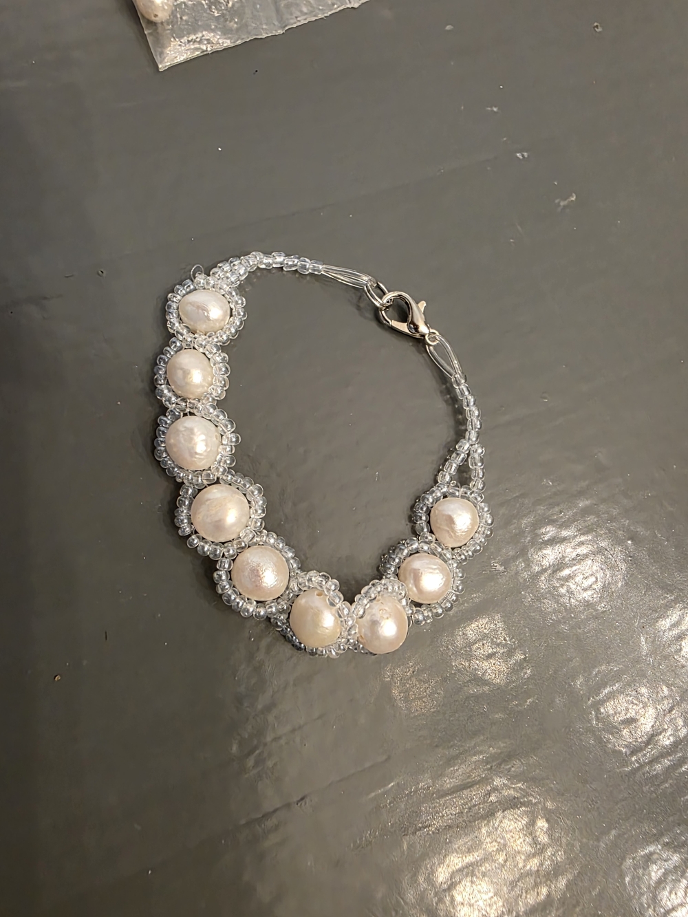 Pearl Beaded Bracelet - White Pearls with Clear Accents